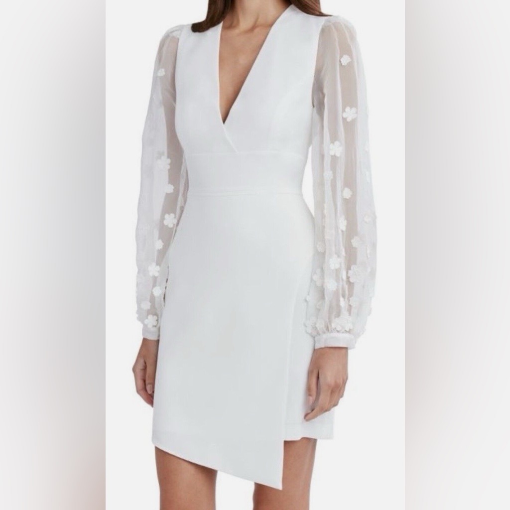 Bcbgmaxazria Mv01d28 Illusion Floral Lace Mini Dress - Off-White Nwt